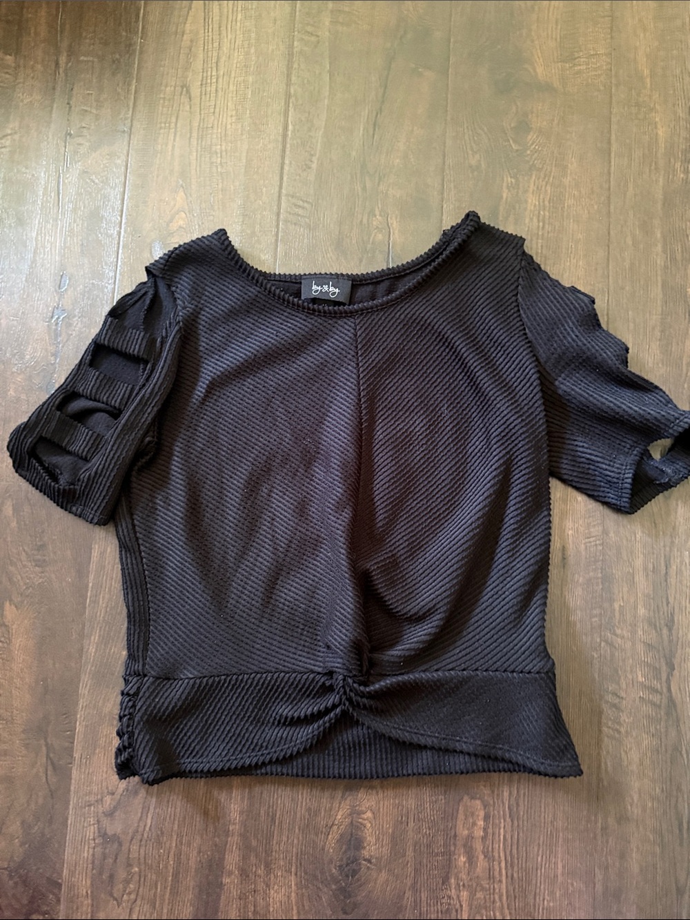 by & by Black Ribbed Short Sleeve Top with Front Twist